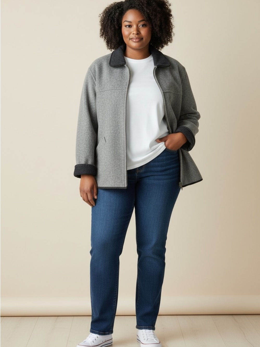 St. John's Bay Gray Teddy Jacket with Dark Contrast Collar